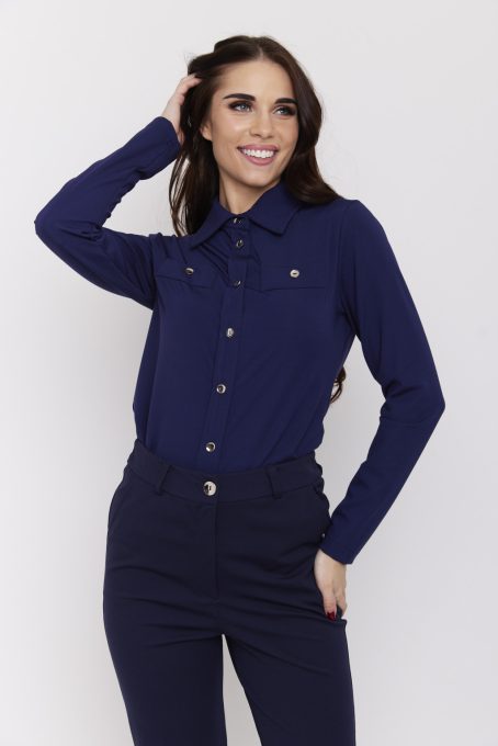 ANNEMARIE női blúz – gombos elejű, díszzsebes elegáns blúz,sötétkék,XL,Tara X Viktori