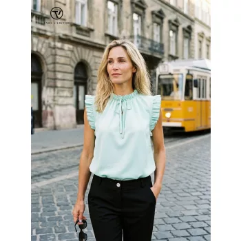   ELDA női blúz – fodros nyakú és vállú, gumis aljú, türkiz ,S,Tara X Viktori
