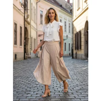   SALLY női nadrág – ívelt aljú, gumis derekú bő szárú nadrág,bézs,S,Tara X Viktori