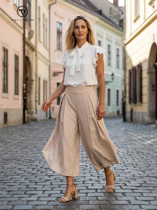SALLY női nadrág – ívelt aljú, gumis derekú bő szárú nadrág,bézs,M,Tara X Viktori