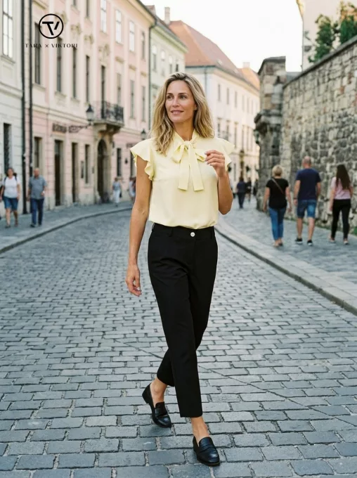 SHELBY női blúz– Kötős nyakú, gumis aljú,világossárga,S,Tara X Viktori