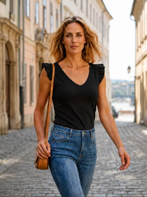 KITTI fodros vállú női topp,V nyakkivágással, fekete ,M,Tara X Viktori