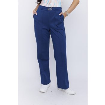   PEARL women’s tailored pants with pressed crease and gold decorative buckle – elastic back waist trousers