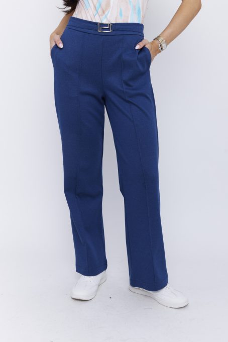 PEARL women’s tailored pants with pressed crease and gold decorative buckle – elastic back waist trousers