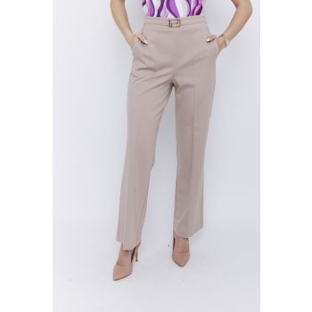   PEARL women’s tailored pants with pressed crease and gold decorative buckle – elastic back waist trousers