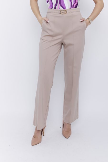 PEARL women’s tailored pants with pressed crease and gold decorative buckle – elastic back waist trousers
