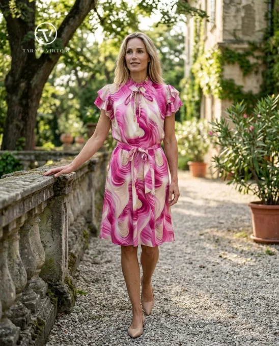 FLAVIA női ruha állógalléros fodros ujjú öves fazon,mintás,M,Tara X Viktori