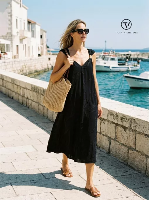 ANGELINE női ruha klippes vállú hosszú fazon,one size,fekete-anyagában mintás