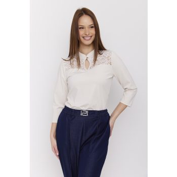   BLISS női póló – orosz galléros, csepp kivágású, gombbal díszített női póló,bézs,S,Tara X Viktori