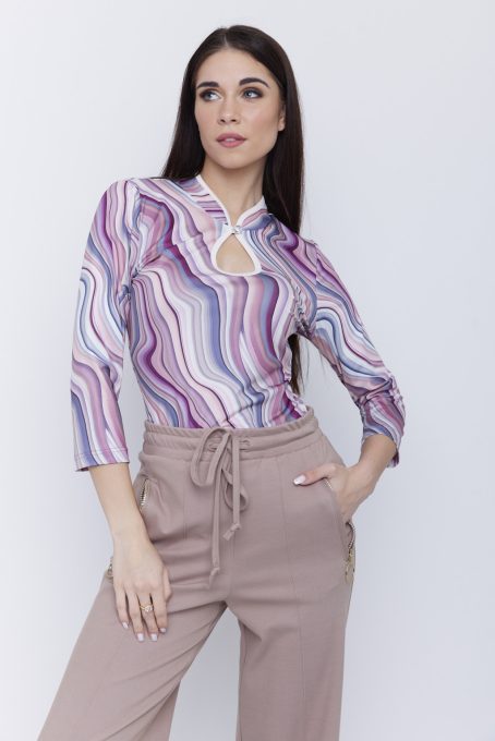 JELLY női póló – orosz galléros, csepp kivágású, gombbal díszített póló,mintás,L,Tara X Viktori