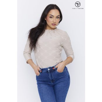   BONA-női-póló-gumis-nyakú-poliamid-felső,bézs,anyagában mintás,L,Tara X Viktori