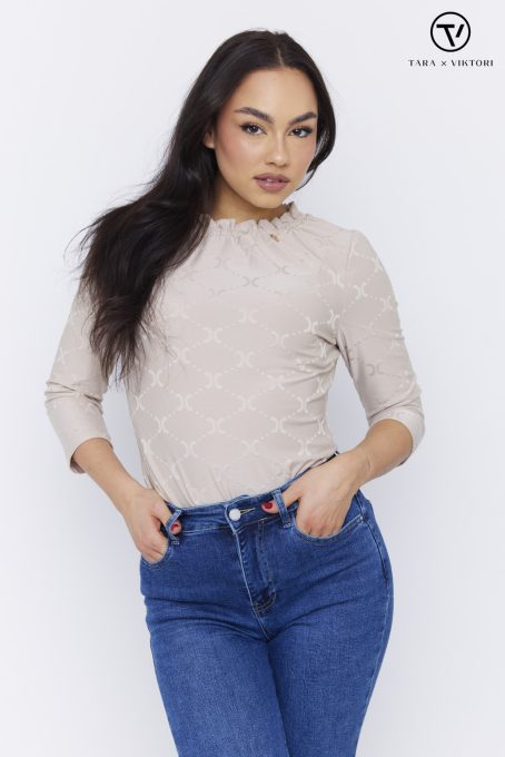 BONA-női-póló-gumis-nyakú-poliamid-felső,bézs,anyagában mintás,L,Tara X Viktori