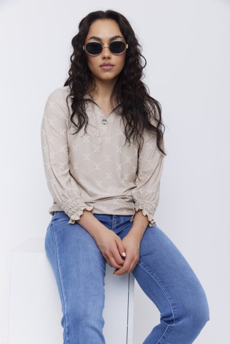 Jen galléros, V-nyakú, gombos, cérnagumizott ujjú tunika,mintás,S,Tara x Viktori