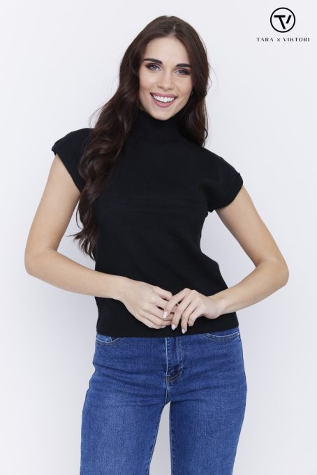 Women’s knitted mock neck top with short sleeves – soft and stretchy fabric
