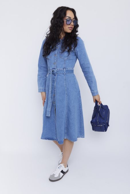 Női farmer ruha – gombos elejű, öves, galléros, elöl sliccelt ruha,kék,M,Tara X Viktori