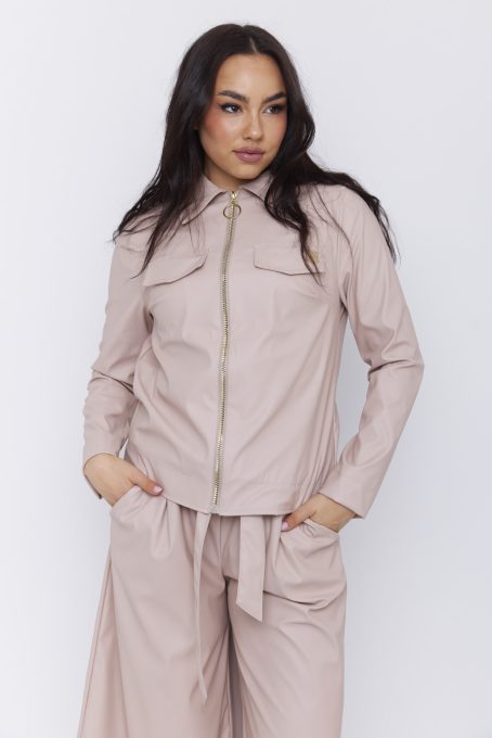 MARTINA női zakó – galléros, cipzáros, díszzsebes fazon,bézs,bőr,L,Tara X Viktori