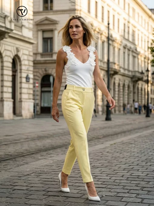 ONIX női nadrág,gumis hátú, élén vasalt nadrág,világossárga,L,Tara x VIKTORI