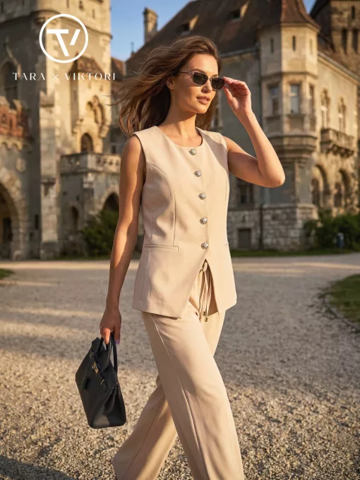 THEA női mellény – gombos, elegáns fazon,S,bézs,Tara X Viktori