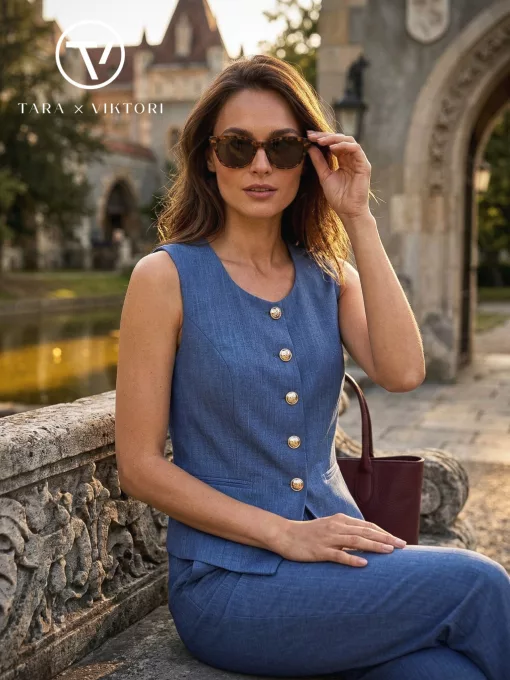 THEA női mellény – gombos, elegáns fazon,L,kék,Tara X Viktori