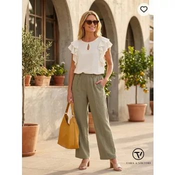   TAORMINA női nadrág – élére vasalt, gumis derekú, megkötős fazon,khaki,M,Tara X Viktori