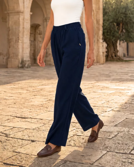 TAORMINA női nadrág – élére vasalt, gumis derekú, megkötős fazon,sötétkék,L,Tara X Viktori