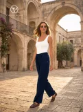 TAORMINA női nadrág – élére vasalt, gumis derekú, megkötős fazon,sötétkék,L,Tara X Viktori
