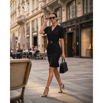 ELLA V-nyakú öves női ruha,fekete-mintás,M,TaraxViktori