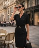 ELLA V-nyakú öves női ruha,fekete-mintás,L,TaraxViktori