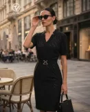 ELLA V-nyakú öves női ruha,fekete-mintás,XL,TaraxViktori