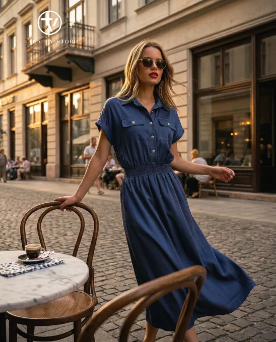 THALIA női ruha – elöl gombos, gumis derekú, hosszú fazon,farmerkék,L,Tara X Viktori