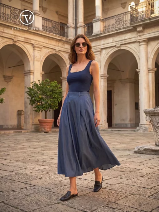 KARIN A-vonalú hosszú női szoknya zsebekkel és gumis hátrésszel,sötétkék,S,Tara X Viktori