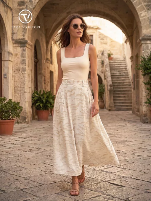 KARIN A-vonalú hosszú női szoknya zsebekkel és gumis hátrésszel,ekrü-bézs,M,Tara X Viktori