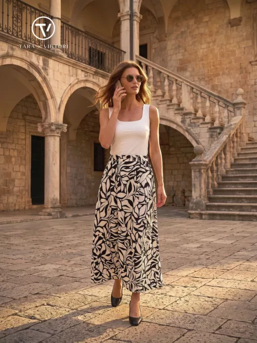 KARIN A-vonalú hosszú női szoknya zsebekkel és gumis hátrésszel,mintás,M,Tara X Viktori