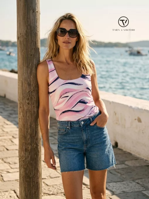 Kitti női top, kockanyakú,stircelt női top, mintás,M, Tara x Viktori, Young & Free Kollekció