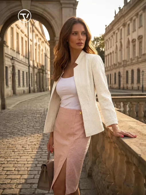 SVEA női blézer – elegáns,karcsúsított fazon,törtfehér-anyagábanmintás,M,Tara X Viktori