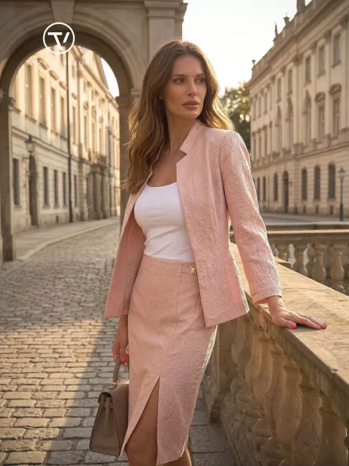 SVEA női blézer – elegáns,karcsúsított fazon,púder-anyagábanmintás,M,Tara X Viktori