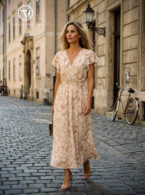 FLORENCE női ruha – átlapolt felsőrészű, gumis derekú, bő szoknyás nyári ruha,mintás,S-M,Tara X Viktori