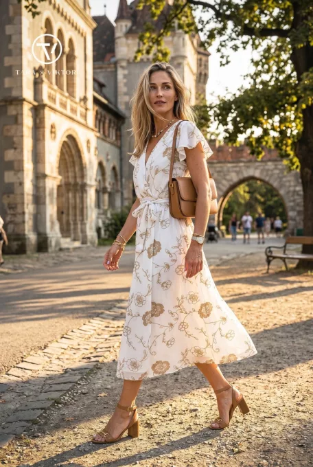 FLORENCE női ruha – átlapolt felsőrészű, gumis derekú, bő szoknyás nyári ruha,mintás,S-M,Tara X Viktori