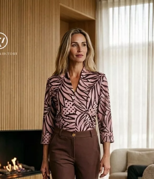 VIOLA női póló – magasított V-nyakú, 3/4-es ujjú fazon,mintás,XL,Tara X Viktori