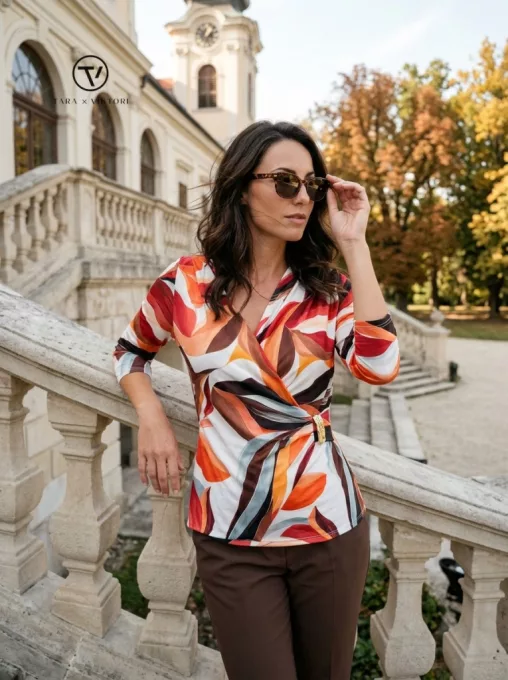 IRENE női póló, átlapolt-dísz csatos elejű póló,mintás,XL,Tara X Viktori