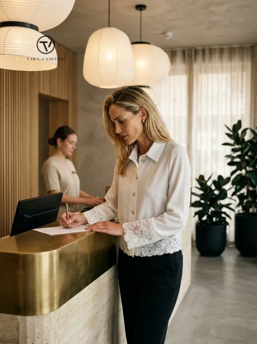 GWENDOLINE női tunika – galléros, gombos, csipkés fazon,fehér,S,Tara X Viktori