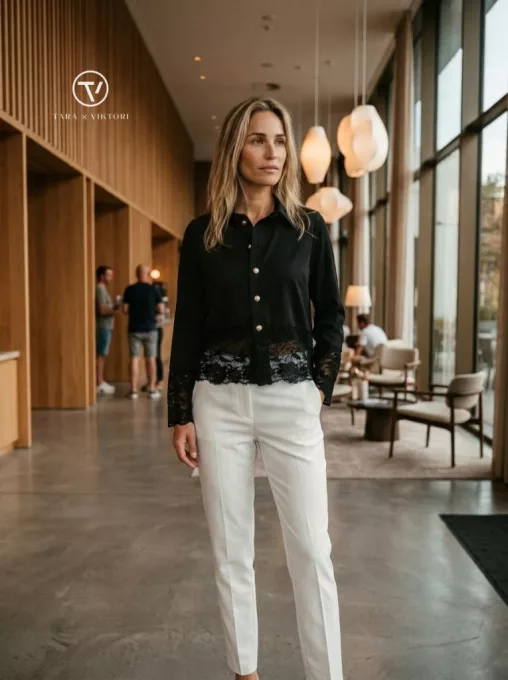 GWENDOLINE női tunika – galléros, gombos, csipkés fazon,fekete,XL,Tara X Viktori