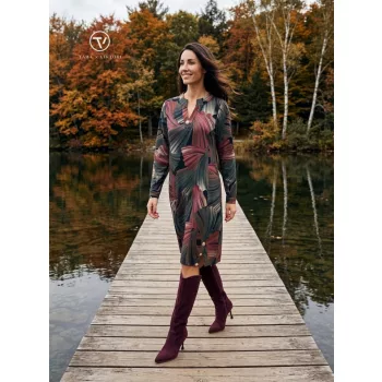   LUDMILLA női tunika ruha – V-nyakú, bővebb fazonú, alul V-sliccelt és gombdíszes modell,mintás,M,Tara X Viktori