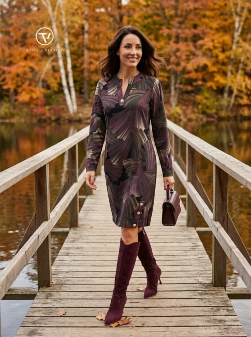 LUDMILLA női tunika ruha – V-nyakú, bővebb fazonú, alul V-sliccelt és gombdíszes modell,mintás,XL,Tara X Viktori