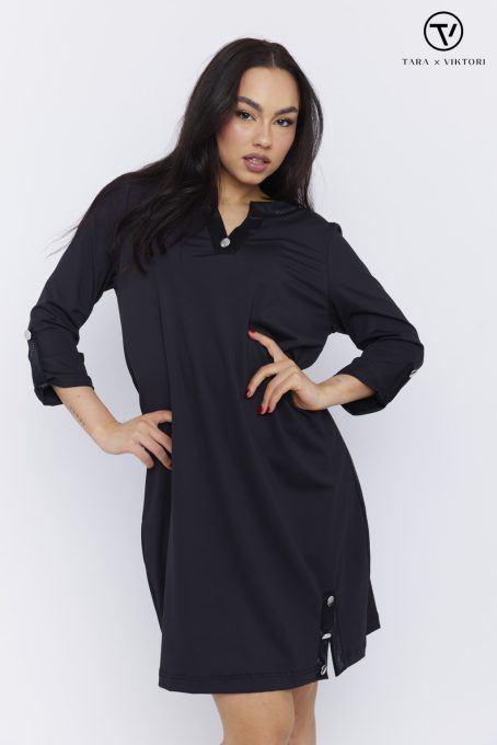 LUDMILLA női tunikaruha,V-nyakú, gombos díszítéssel,fekete,XL,Tara X Viktori