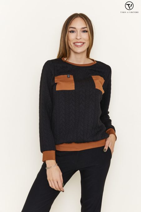 Viktori Collection PAXTON Passzés pulóver zsebekkel,fekete-barna,XL