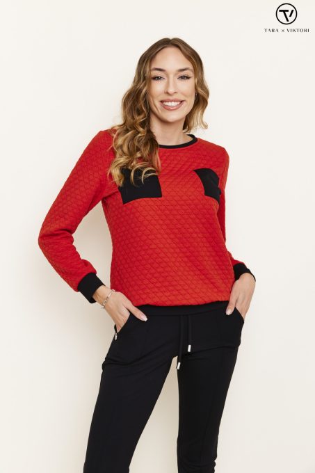 Viktori Collection PAXTON Passzés pulóver zsebekkel,piros-fekete,XL