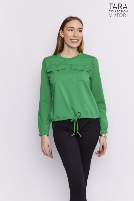 VIKTORI Női pulóver EVERLY zöld zsebes megkötős, S, puntó