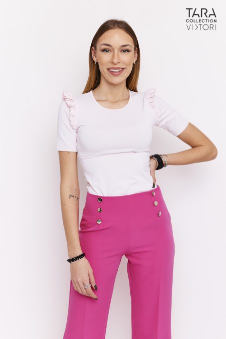 VIKTORI Női póló NOLA világos rózsaszín fodros vállú környakú, M, polyamid