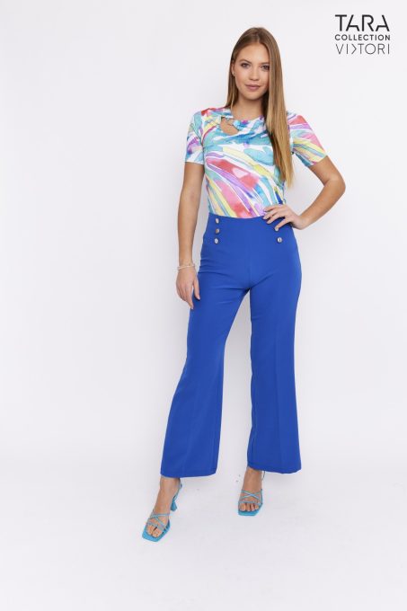 CINNIA High-rised wide-leg buttoned palazzo trousers royal blue